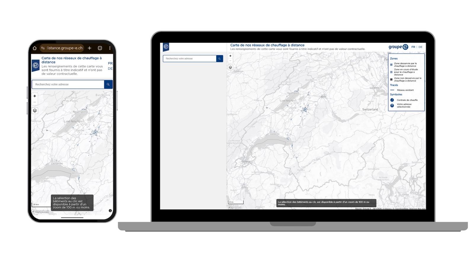 Groupe E veröffentlicht eine interaktive Karte mit allen Fernwärmenetzen in der Schweiz. Adresssuche zeigt Versorgungszonen, Projekte in Prüfung und bestehende Netze. Knapp 50 Netze sind erfasst.