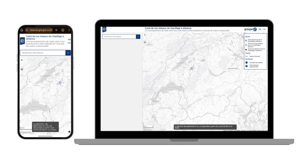 Groupe E veröffentlicht eine interaktive Karte mit allen Fernwärmenetzen in der Schweiz. Adresssuche zeigt Versorgungszonen, Projekte in Prüfung und bestehende Netze. Knapp 50 Netze sind erfasst.