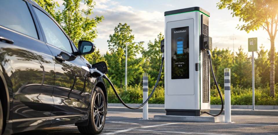 Elektroauto an einer öffentlichen Schnellladestation in Deutschland.